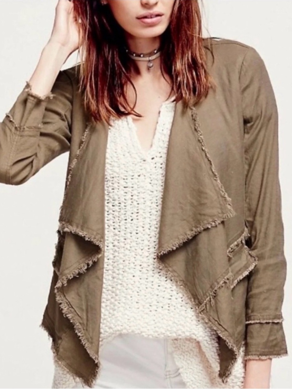 Free People Brown Open-Front Frayed Utility Jacket